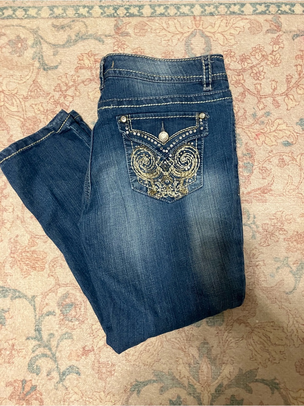 Vintage America Dark Blue Straight Leg Jeans with Embroidered Pocket